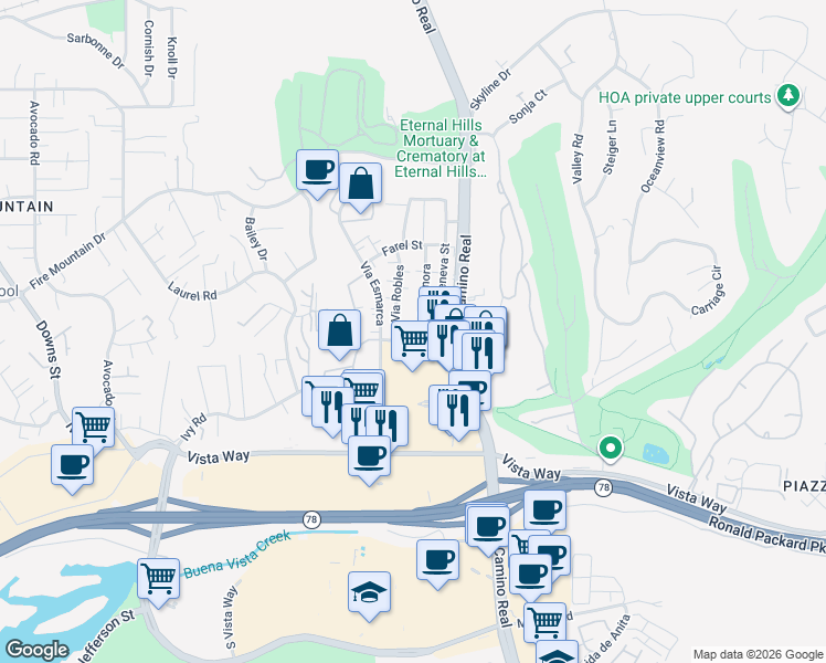 map of restaurants, bars, coffee shops, grocery stores, and more near 2177 Via Sonora in Oceanside