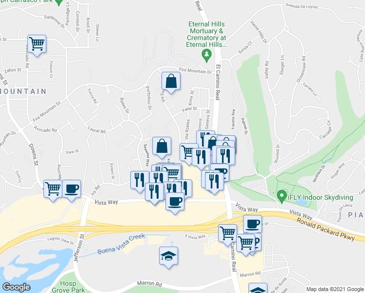 map of restaurants, bars, coffee shops, grocery stores, and more near 2163 Via Esmarca in Oceanside