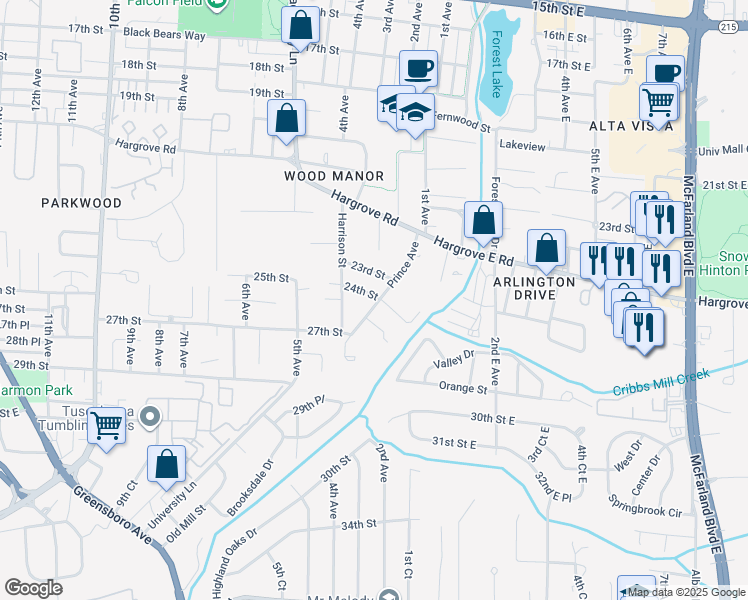 map of restaurants, bars, coffee shops, grocery stores, and more near 306 Hickory Forest Road in Tuscaloosa