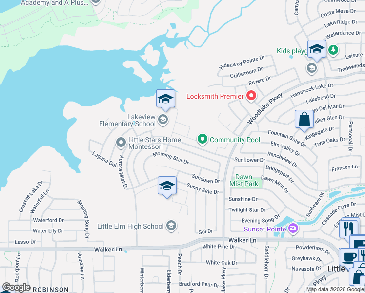 map of restaurants, bars, coffee shops, grocery stores, and more near 3060 Seabrook Drive in Little Elm