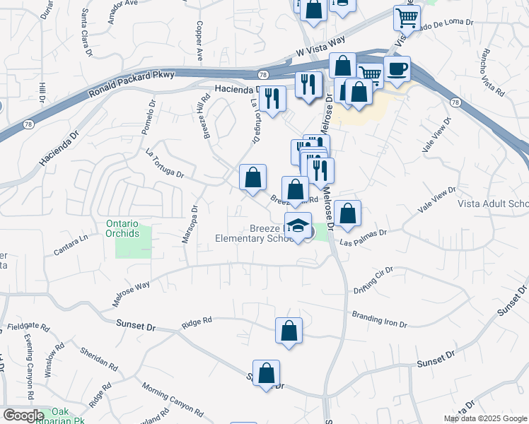 map of restaurants, bars, coffee shops, grocery stores, and more near 740 Breeze Hill Road in Vista