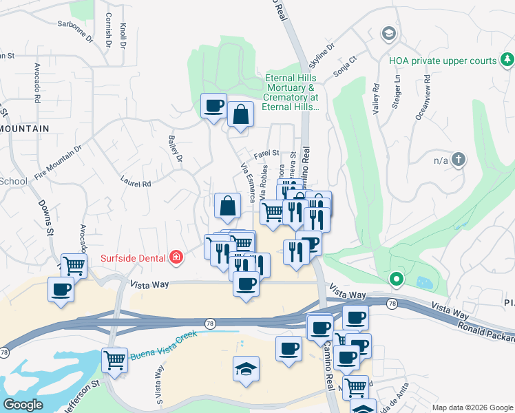map of restaurants, bars, coffee shops, grocery stores, and more near 2163 Via Esmarca in Oceanside