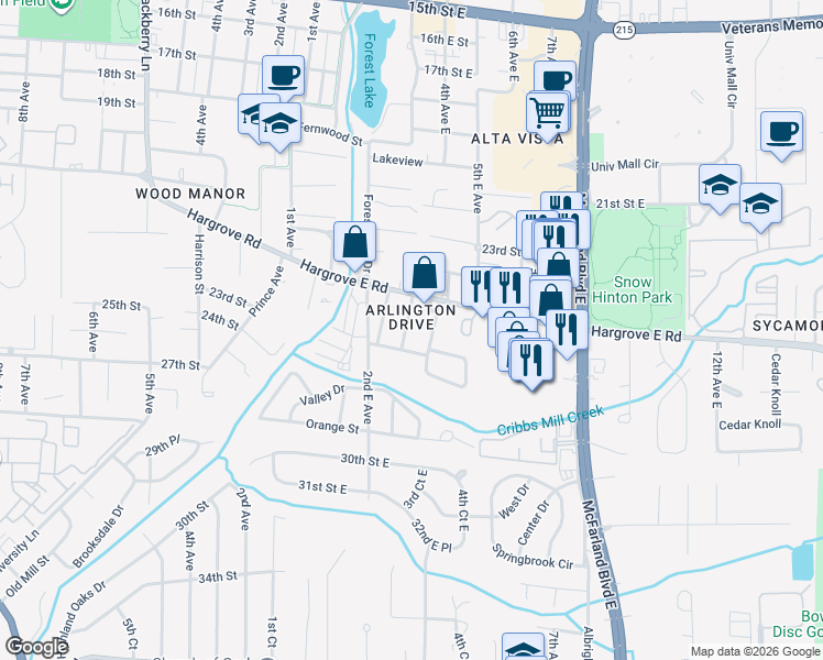 map of restaurants, bars, coffee shops, grocery stores, and more near 13 Arlington Drive in Tuscaloosa