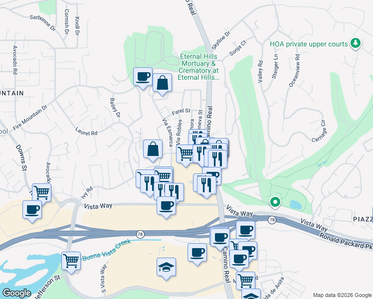 map of restaurants, bars, coffee shops, grocery stores, and more near 2177 Via Sonora in Oceanside