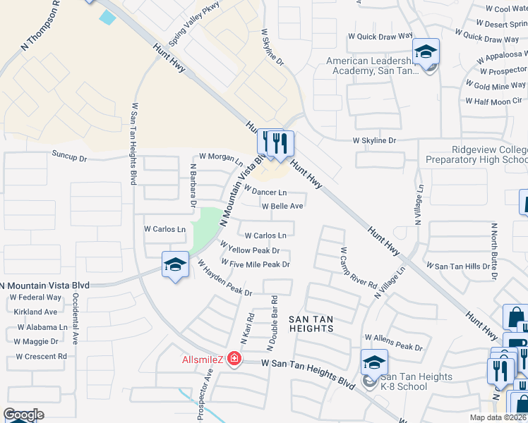 map of restaurants, bars, coffee shops, grocery stores, and more near 3193 West Belle Avenue in Queen Creek