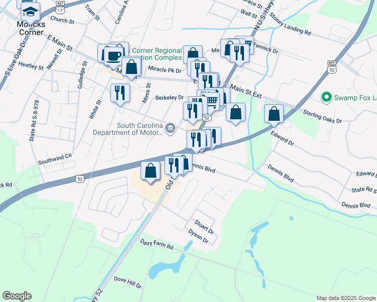 map of restaurants, bars, coffee shops, grocery stores, and more near in Moncks Corner
