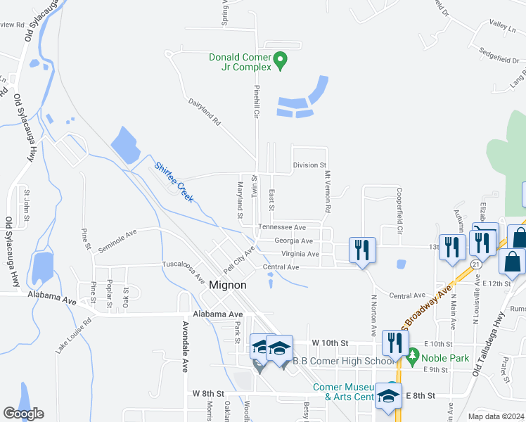 map of restaurants, bars, coffee shops, grocery stores, and more near 130 Twin Street in Sylacauga