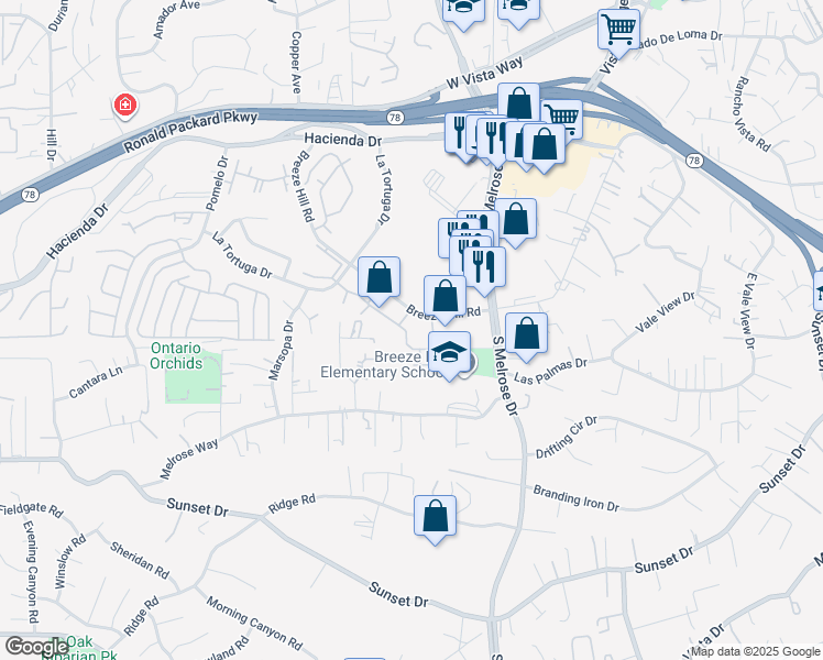 map of restaurants, bars, coffee shops, grocery stores, and more near 730 Breeze Hill Road in Vista