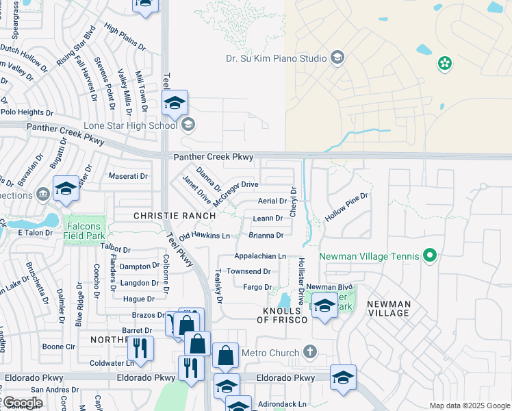 map of restaurants, bars, coffee shops, grocery stores, and more near 2994 Aerial Drive in Frisco
