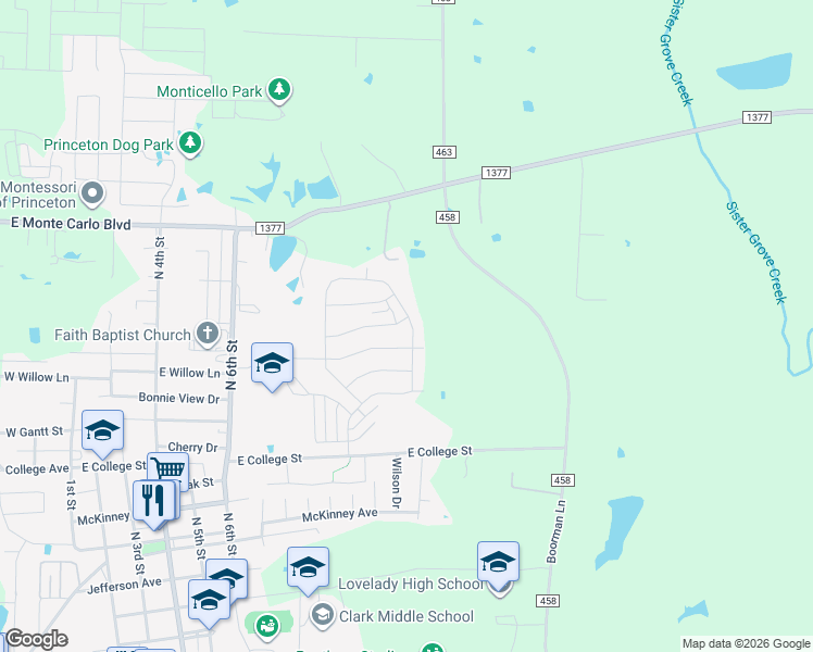 map of restaurants, bars, coffee shops, grocery stores, and more near 1117 Farm to Market Road 1377 in Princeton