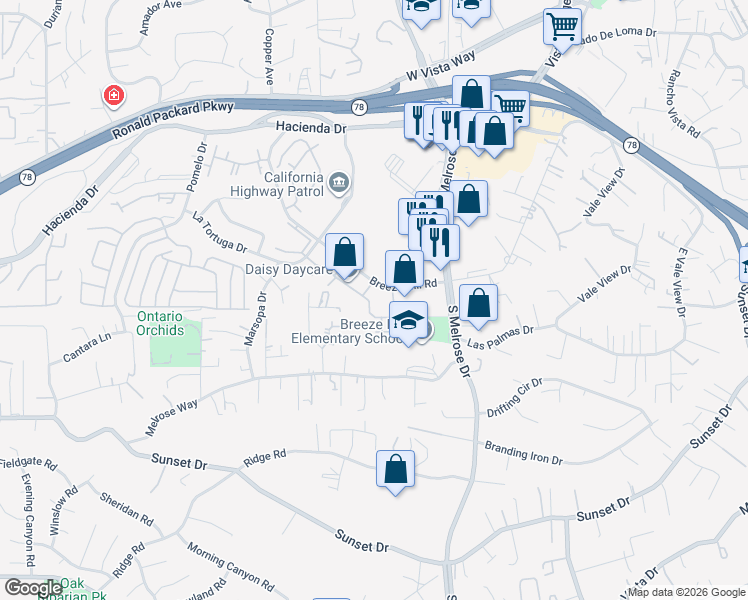 map of restaurants, bars, coffee shops, grocery stores, and more near 730 Breeze Hill Road in Vista