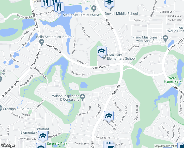 map of restaurants, bars, coffee shops, grocery stores, and more near 6217 Wildwood Drive in McKinney