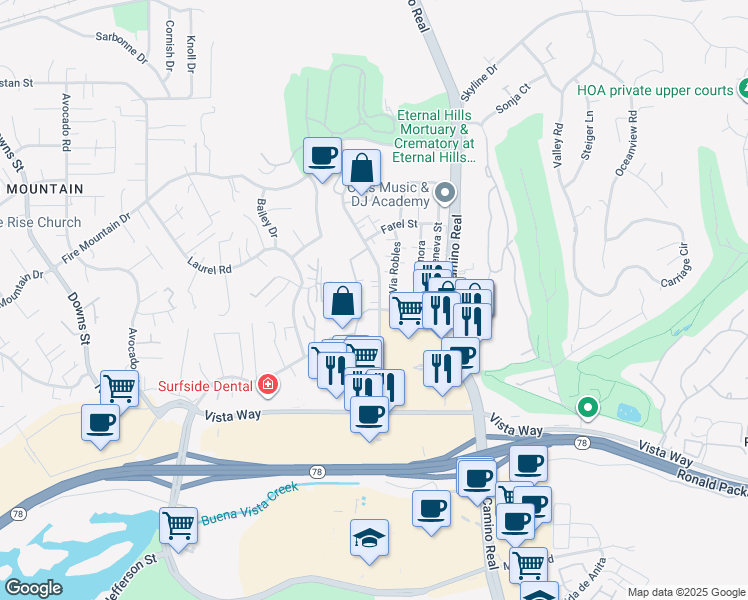map of restaurants, bars, coffee shops, grocery stores, and more near 2167 Via Esmarca in Oceanside