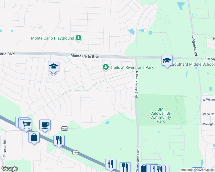 map of restaurants, bars, coffee shops, grocery stores, and more near 1115 Riverstone Trail in Princeton