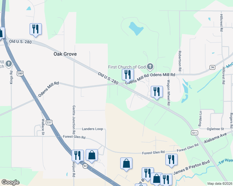 map of restaurants, bars, coffee shops, grocery stores, and more near 2895-2939 Old Birmingham Highway in Sylacauga