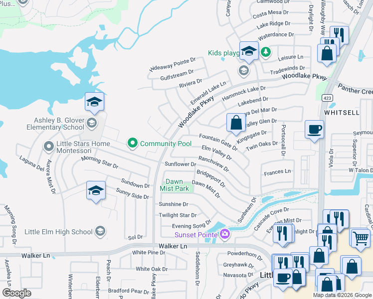 map of restaurants, bars, coffee shops, grocery stores, and more near 2317 Elm Valley Drive in Little Elm