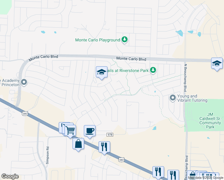 map of restaurants, bars, coffee shops, grocery stores, and more near 1104 Meadow Side Drive in Princeton
