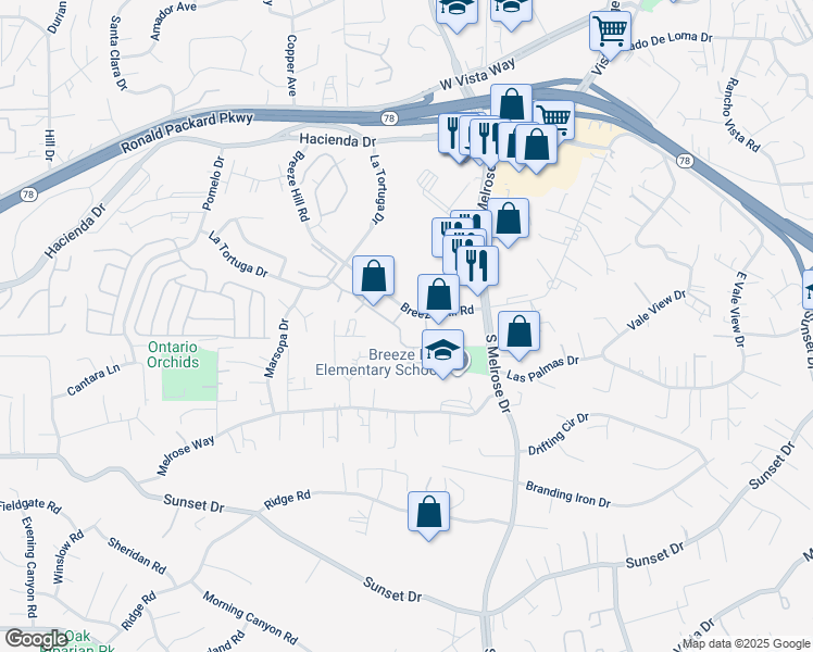 map of restaurants, bars, coffee shops, grocery stores, and more near 730 Breeze Hill Road in Vista