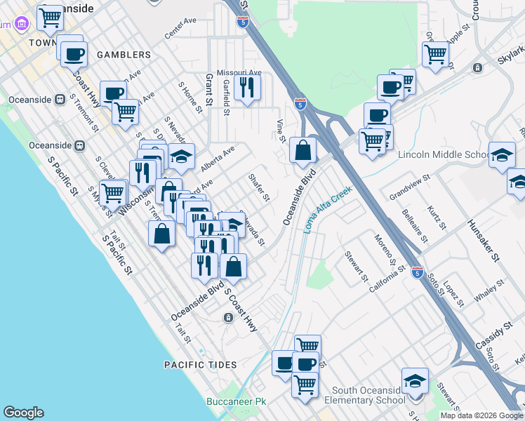 map of restaurants, bars, coffee shops, grocery stores, and more near 1039 South Clementine Street in Oceanside