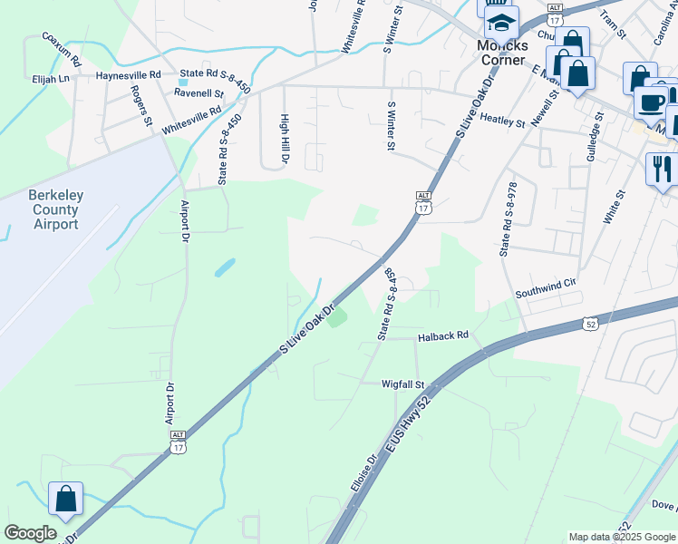map of restaurants, bars, coffee shops, grocery stores, and more near 505 South Live Oak Drive in Moncks Corner