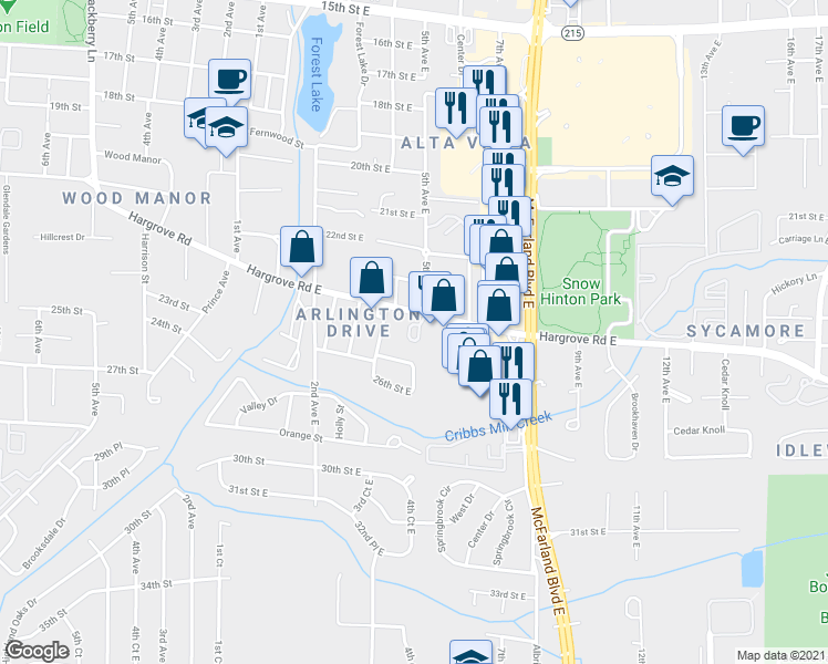map of restaurants, bars, coffee shops, grocery stores, and more near 8 Brook Meadows Circle in Tuscaloosa