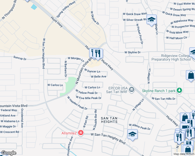 map of restaurants, bars, coffee shops, grocery stores, and more near 3105 West Belle Avenue in Queen Creek