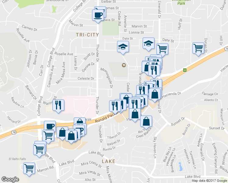 map of restaurants, bars, coffee shops, grocery stores, and more near 3208 Morningside Drive in Oceanside