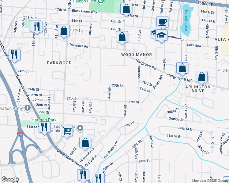 map of restaurants, bars, coffee shops, grocery stores, and more near 560 26th Street in Tuscaloosa