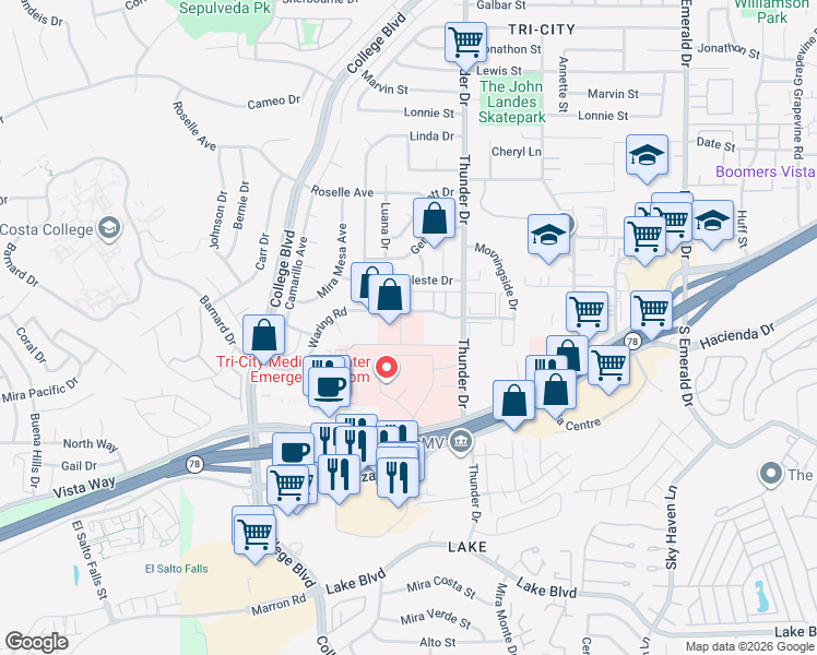 map of restaurants, bars, coffee shops, grocery stores, and more near 3230 Waring Court in Oceanside