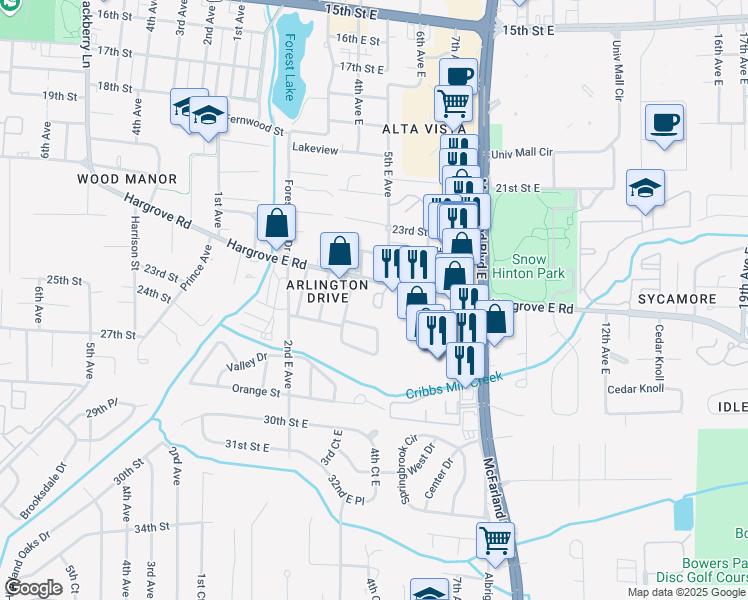 map of restaurants, bars, coffee shops, grocery stores, and more near 8 Brook Meadows Circle in Tuscaloosa