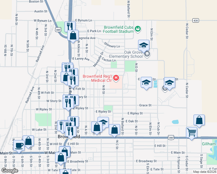 map of restaurants, bars, coffee shops, grocery stores, and more near 601 East Felt Street in Brownfield