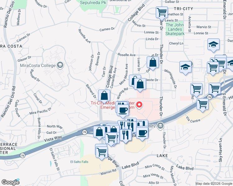 map of restaurants, bars, coffee shops, grocery stores, and more near 3264 Camarillo Avenue in Oceanside