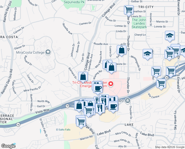 map of restaurants, bars, coffee shops, grocery stores, and more near 3264 Camarillo Avenue in Oceanside