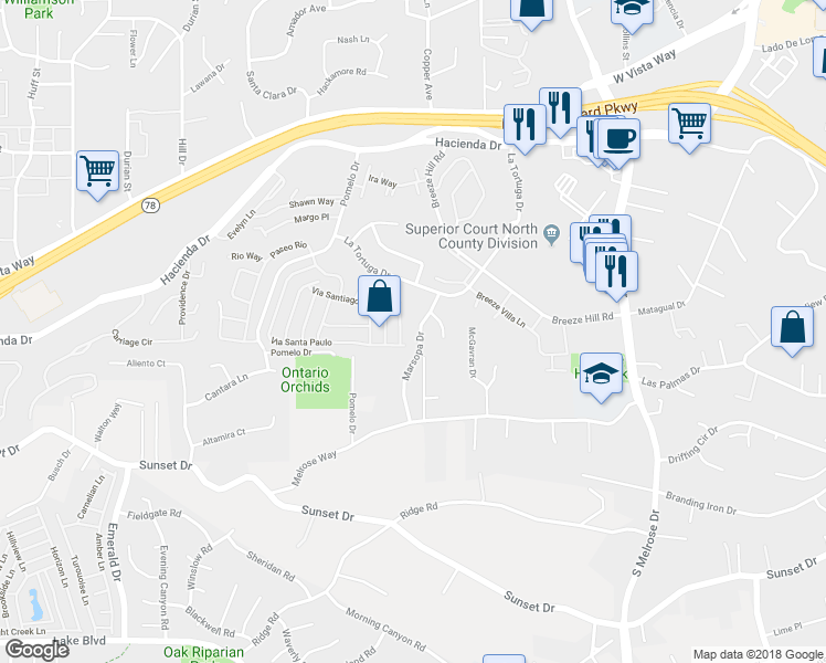 map of restaurants, bars, coffee shops, grocery stores, and more near 735 Marsopa Drive in Vista