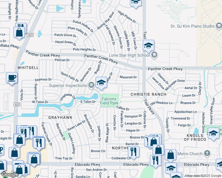map of restaurants, bars, coffee shops, grocery stores, and more near 2035 Jaguar Drive in Frisco