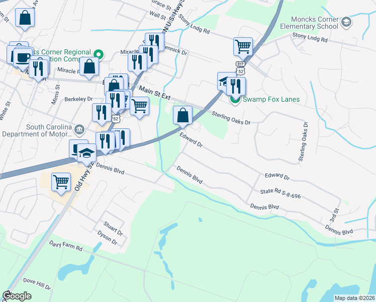 map of restaurants, bars, coffee shops, grocery stores, and more near 1201 Old Fort Road in Moncks Corner