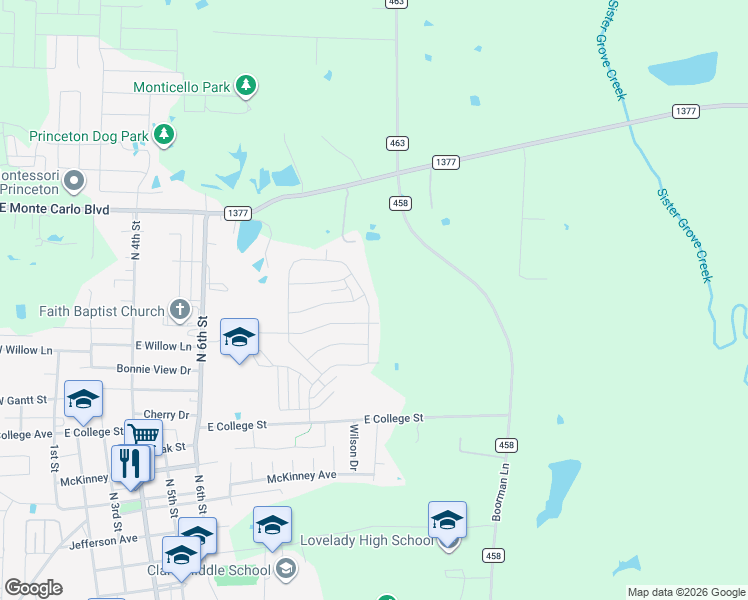 map of restaurants, bars, coffee shops, grocery stores, and more near 1117 Farm to Market Road 1377 in Princeton