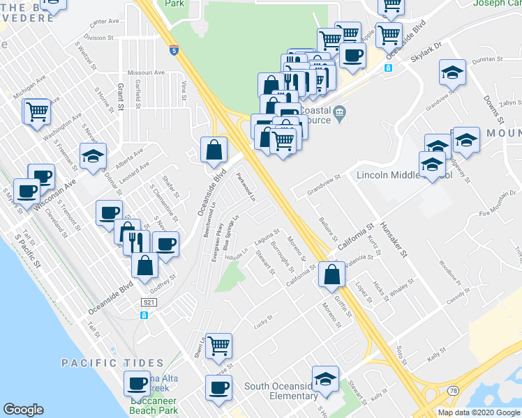 map of restaurants, bars, coffee shops, grocery stores, and more near 349 Idlewild Lane in Oceanside