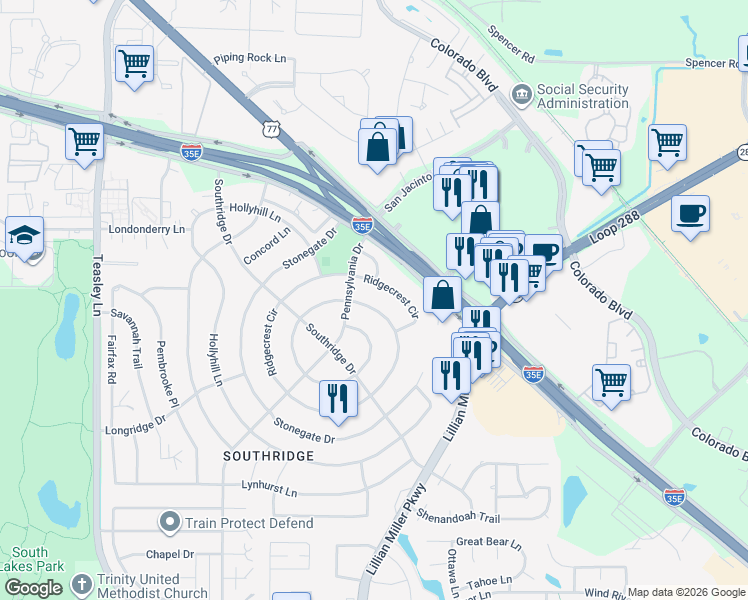 map of restaurants, bars, coffee shops, grocery stores, and more near 505 Ridgecrest Circle in Denton