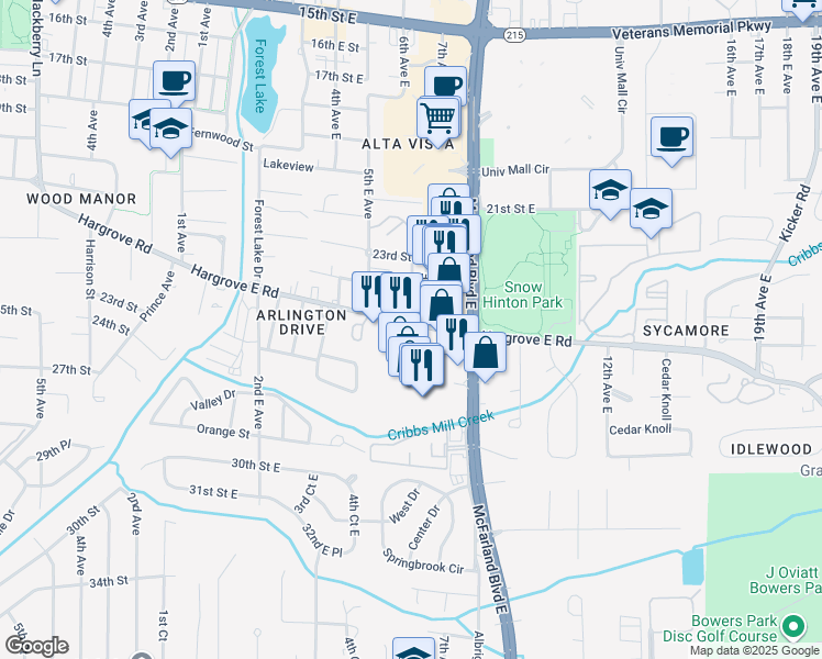 map of restaurants, bars, coffee shops, grocery stores, and more near 602 Hargrove Road East in Tuscaloosa