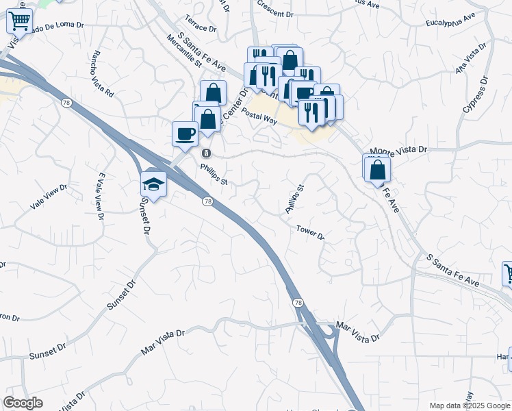 map of restaurants, bars, coffee shops, grocery stores, and more near 1001 Phillips Street in Vista