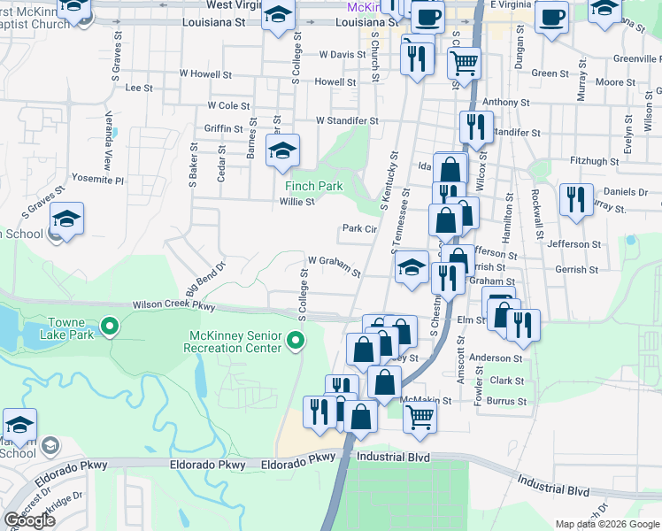 map of restaurants, bars, coffee shops, grocery stores, and more near 207 West Graham Street in McKinney