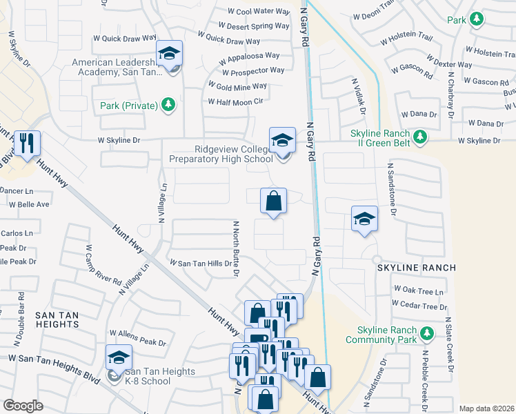 map of restaurants, bars, coffee shops, grocery stores, and more near 1663 West Gordon Street in San Tan Valley