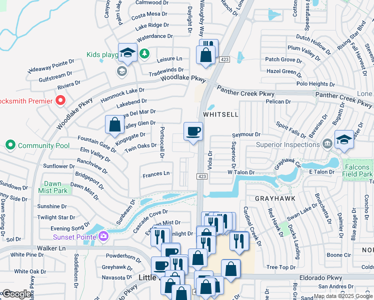 map of restaurants, bars, coffee shops, grocery stores, and more near 2757 Starburst Drive in Little Elm