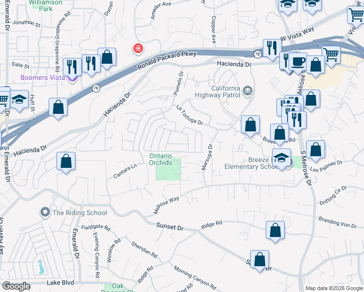 map of restaurants, bars, coffee shops, grocery stores, and more near 1164 Via Argentina in Vista
