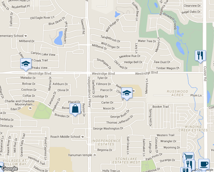 map of restaurants, bars, coffee shops, grocery stores, and more near 9805 Fillmore Drive in McKinney