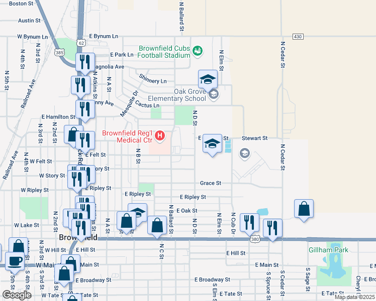 map of restaurants, bars, coffee shops, grocery stores, and more near 907 East Felt Street in Brownfield
