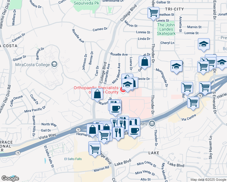 map of restaurants, bars, coffee shops, grocery stores, and more near 3229 Waring Road in Oceanside