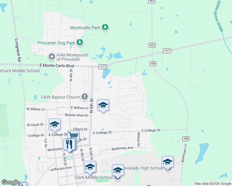 map of restaurants, bars, coffee shops, grocery stores, and more near 839 Farm to Market Road 1377 in Princeton
