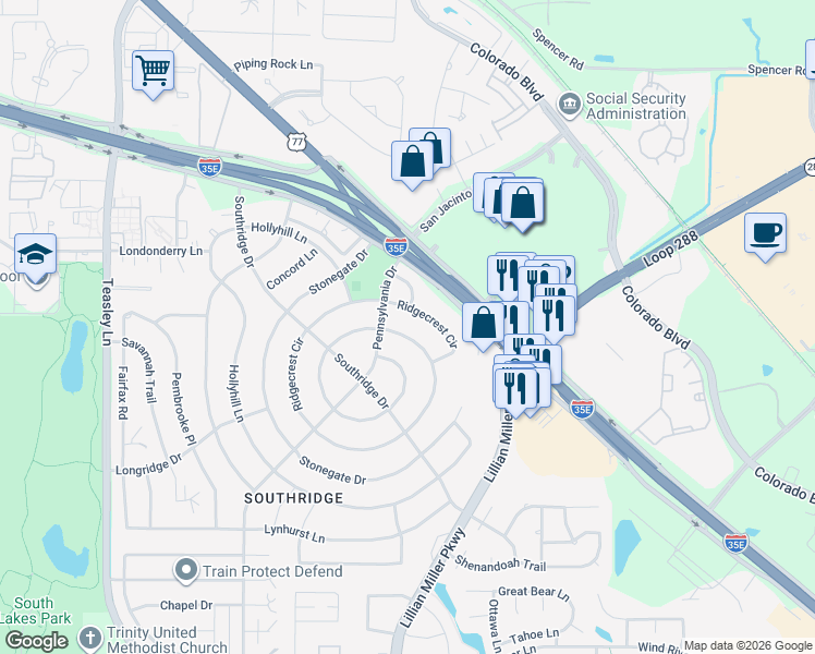 map of restaurants, bars, coffee shops, grocery stores, and more near 505 Ridgecrest Circle in Denton